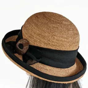 206-c Crochet Raffia Sun Hat with adjustable fit with black trim, toast