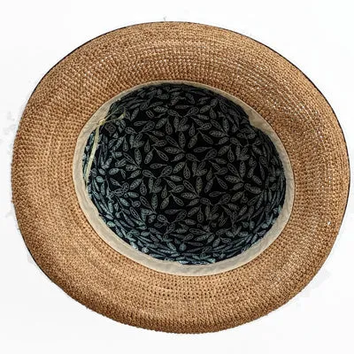 206-c Crochet Raffia Sun Hat with adjustable fit with black trim, toast