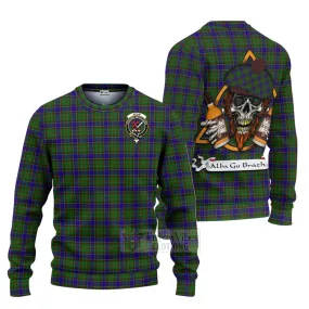 Adam Tartan Ugly Sweater with Family Crest and Bearded Skull Holding Bottles of Whiskey