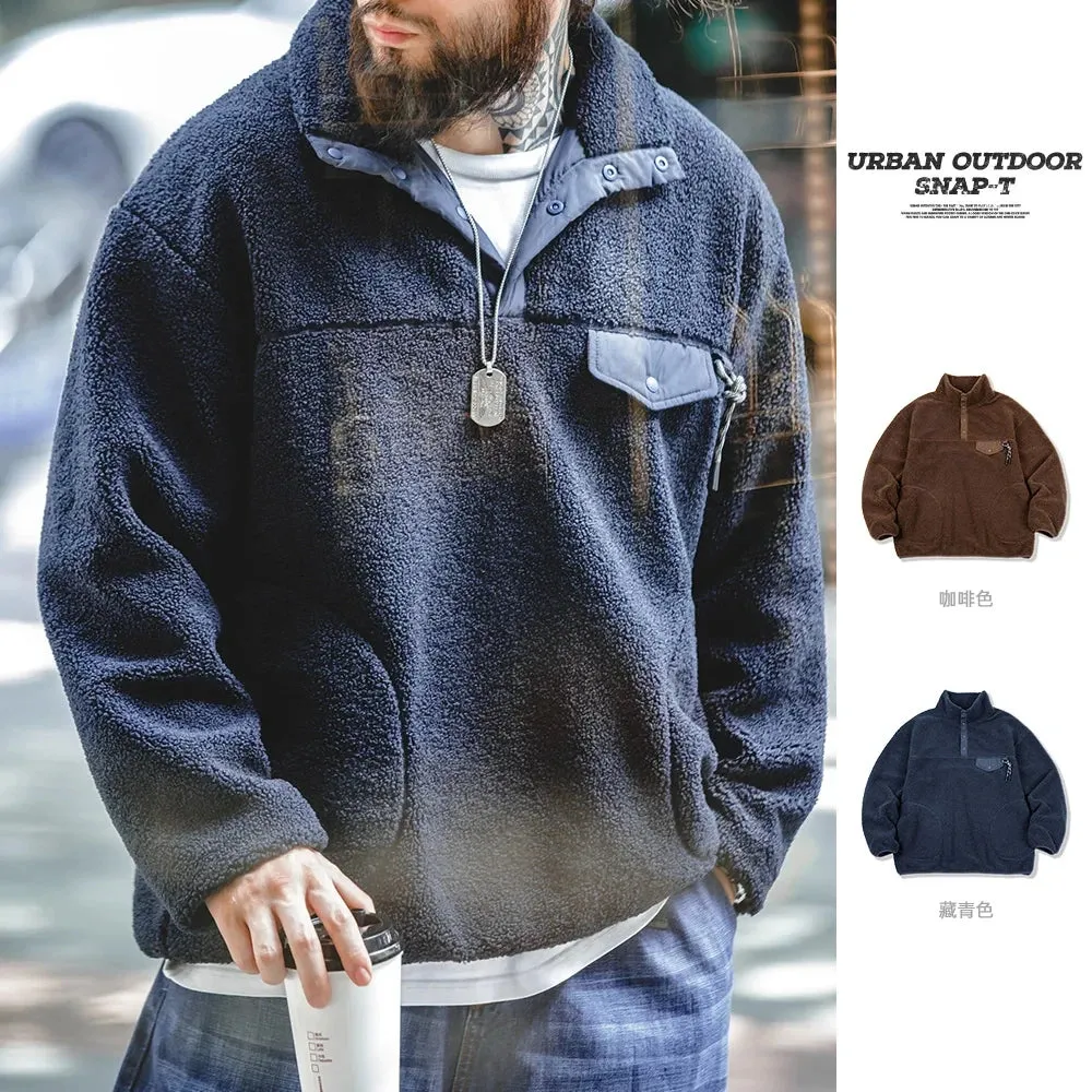 Aidase Casual Half-breasted Fleece Hoodies Winter Navy Blue Warm Pullover Jacket Outdoor Oversize Workwear Thermal Outwear