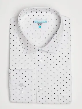 &Collar White With Black Polka Dot Print Slim Fit Long Sleeve Button Up Shirt With Front Pocket