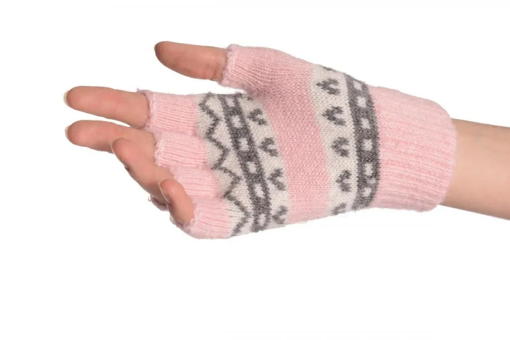 Angora Pink Fair Isle Knitted Fingerless Gloves