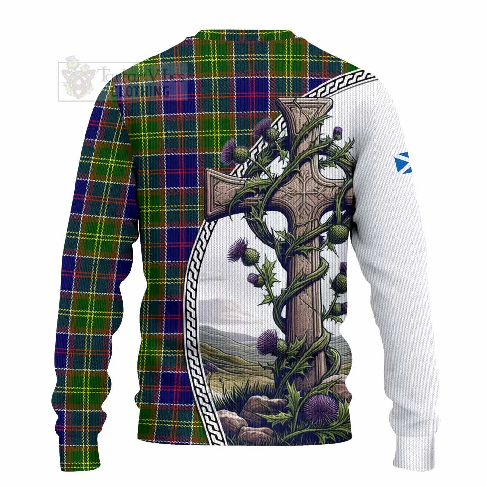 Arnott Tartan Knitted Sweater with Family Crest and St. Andrew's Cross Accented by Thistle Vines