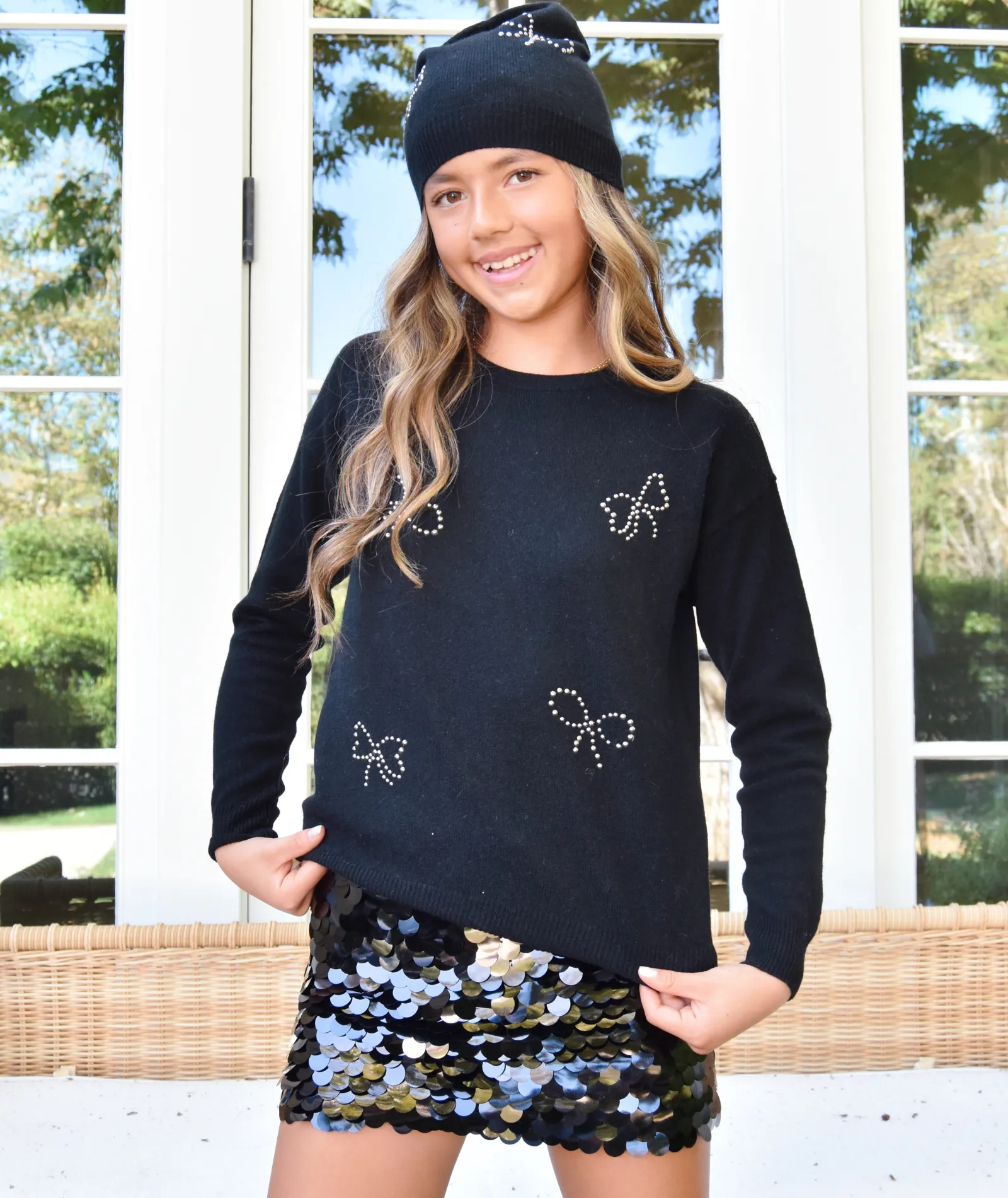 Autumn Cashmere Girls Embellished Bows Crew Sweater