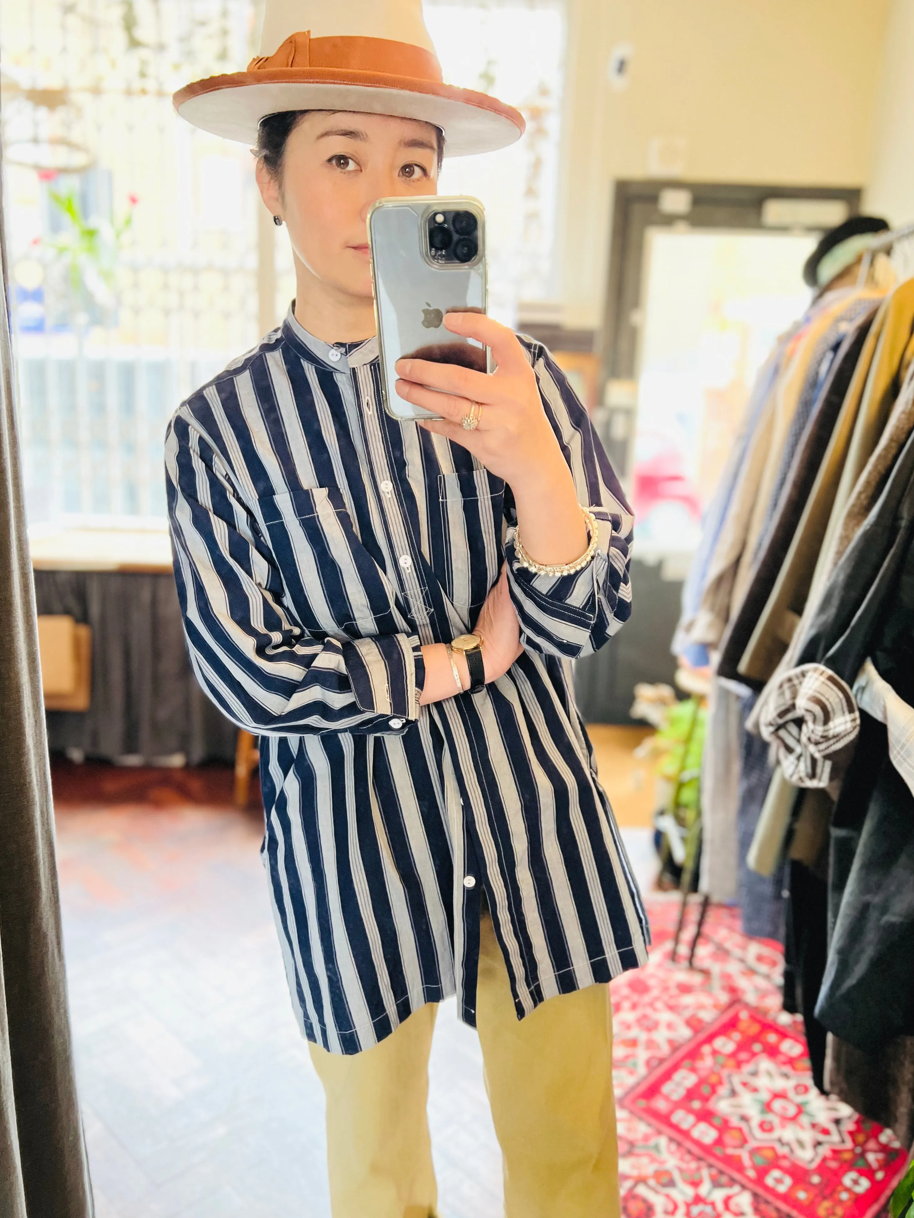 Band Collar Smock / Navy Stripe