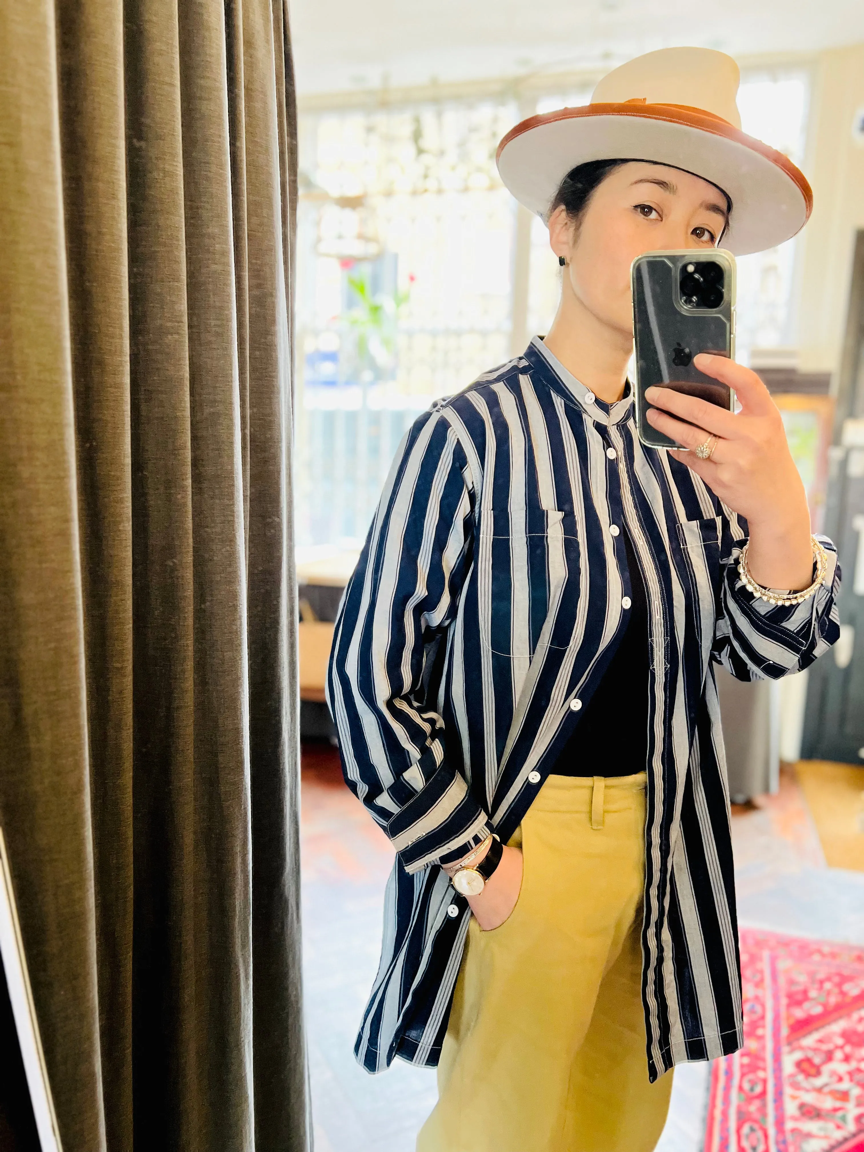 Band Collar Smock / Navy Stripe