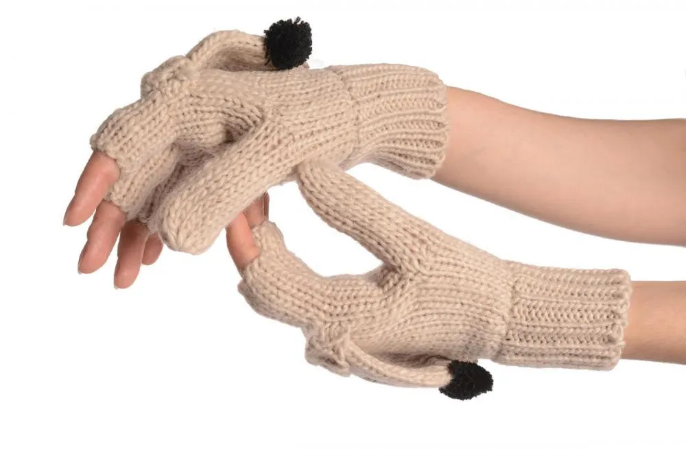 Bear Face Beige Knitted Fingerless Flip Gloves