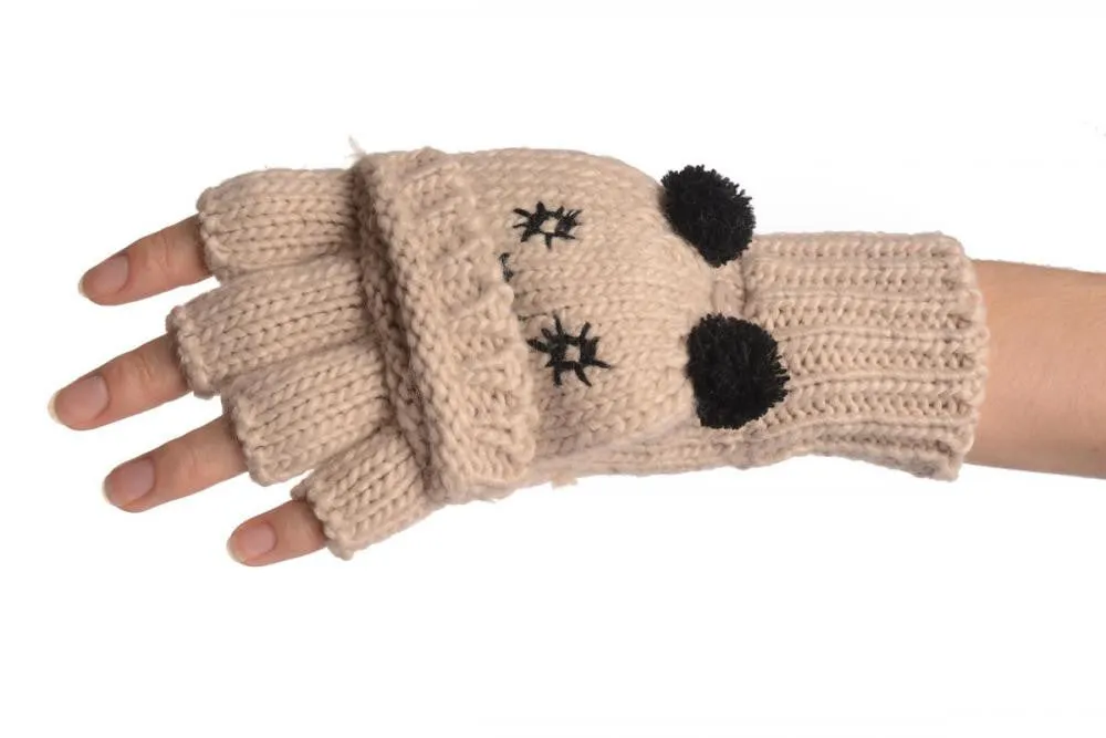 Bear Face Beige Knitted Fingerless Flip Gloves