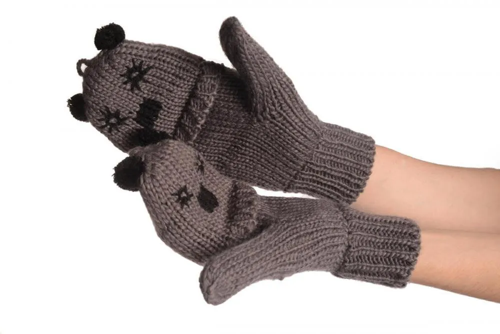 Bear Face Grey Knitted Fingerless Flip Gloves