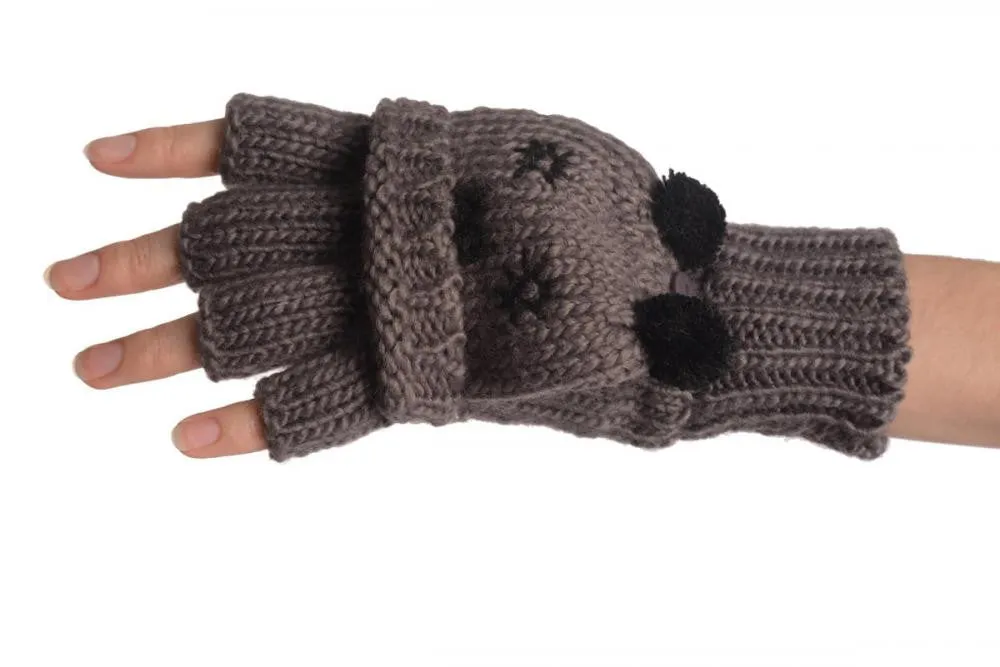 Bear Face Grey Knitted Fingerless Flip Gloves