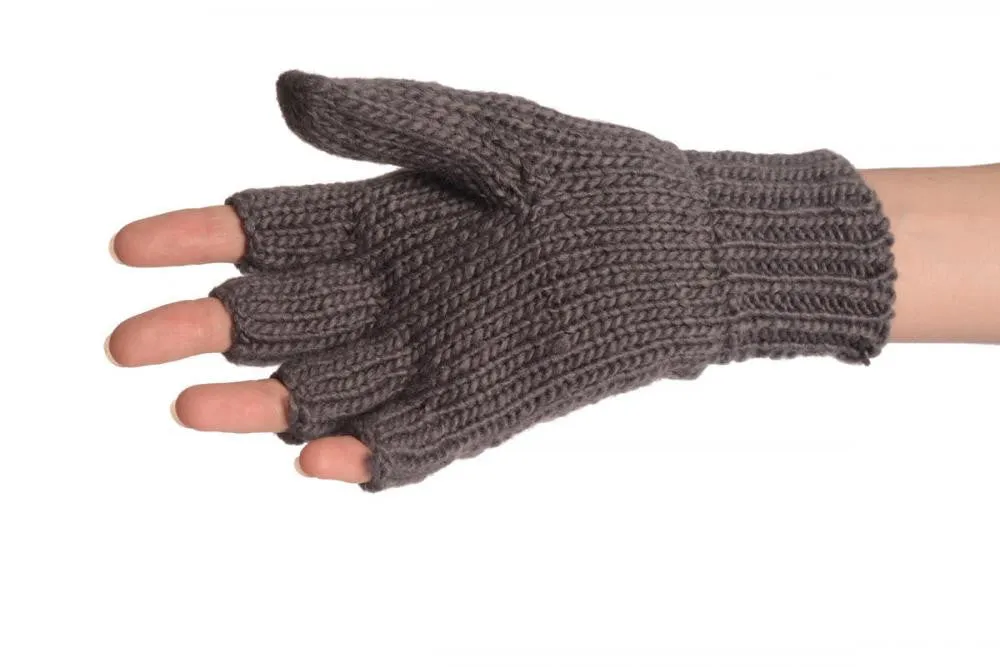 Bear Face Grey Knitted Fingerless Flip Gloves