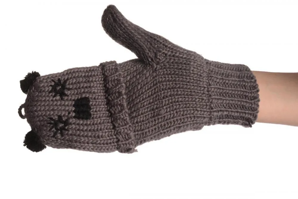 Bear Face Grey Knitted Fingerless Flip Gloves