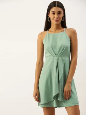 Berrylush Women Solid Teal Green Halter Neck Mini Dress