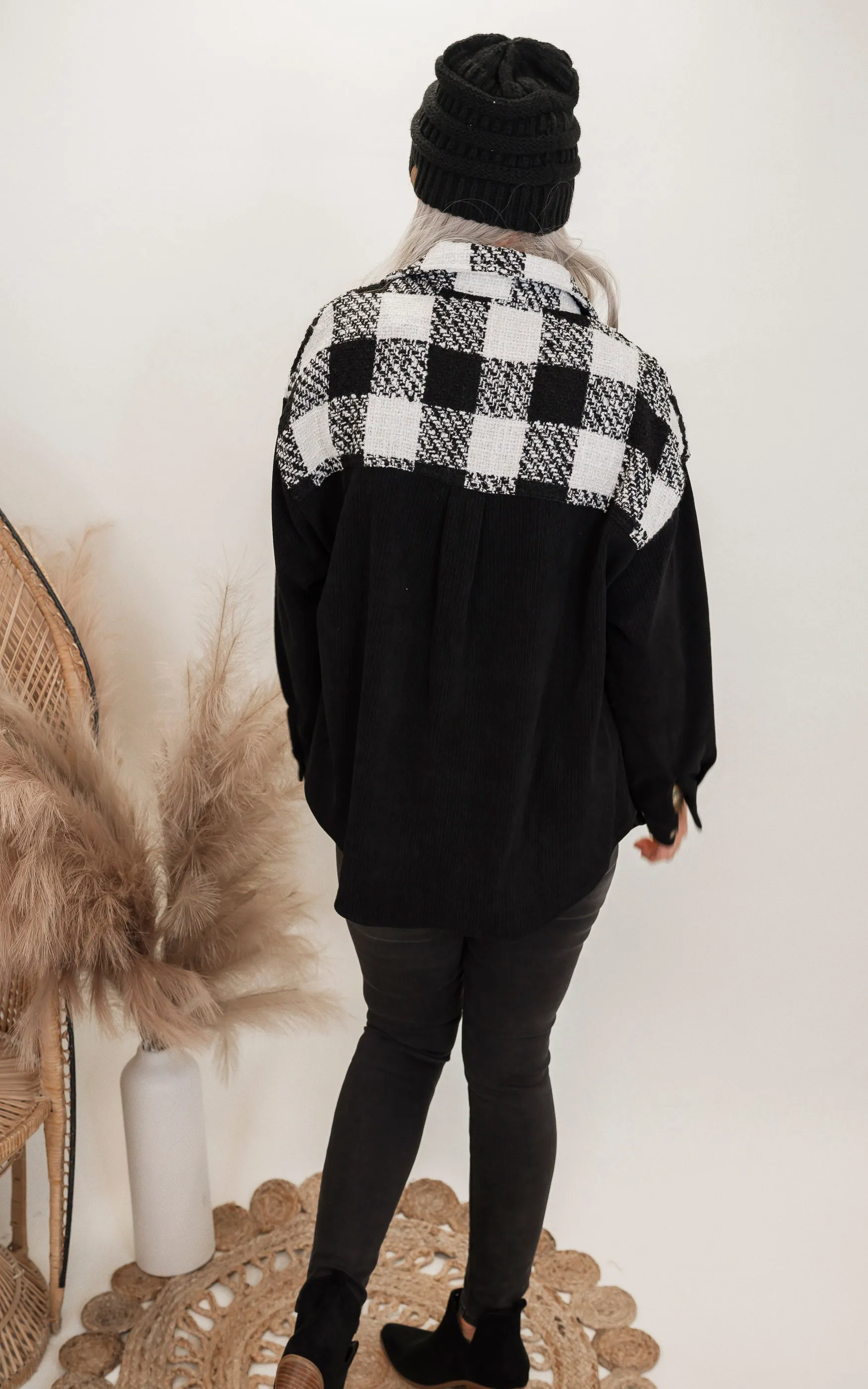 Black Buffalo Plaid Color Block Woven Shacket