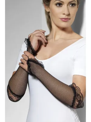 Black Fingerless Fishnet Gloves with Lace Detail