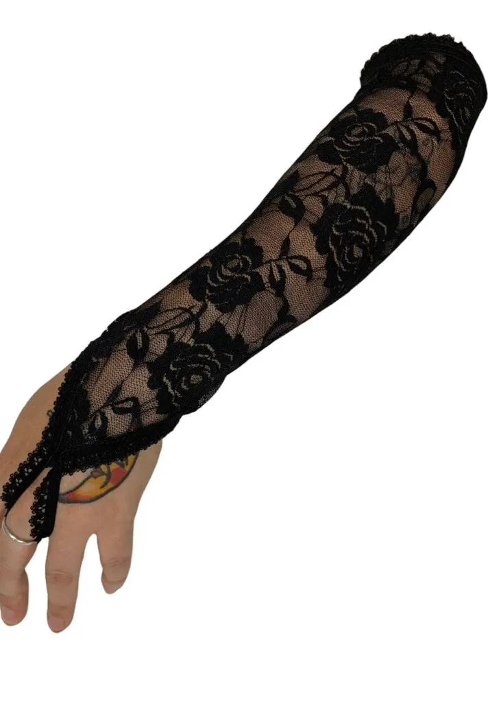 Black Fingerless Long Lace Gloves Rose Pattern