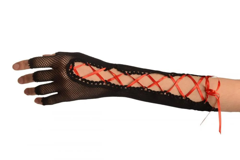 Black Fishnet Red Lace Up Fingerless Gloves