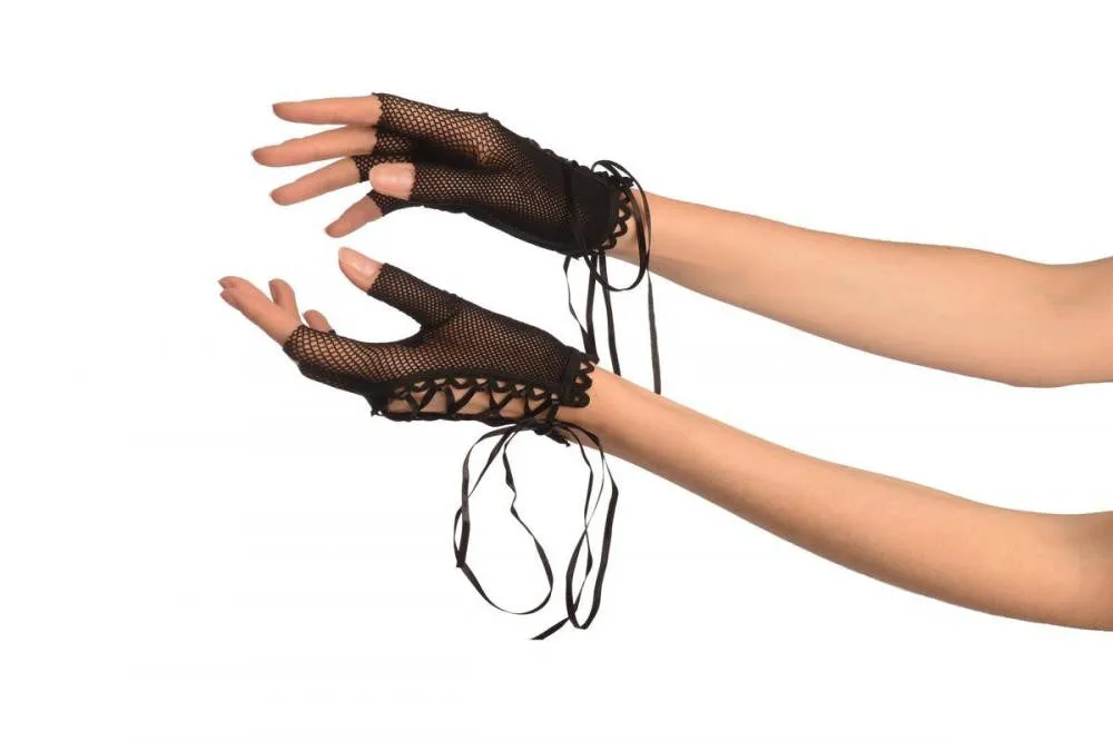 Black Lace Up Fishnet Fingerless Gloves