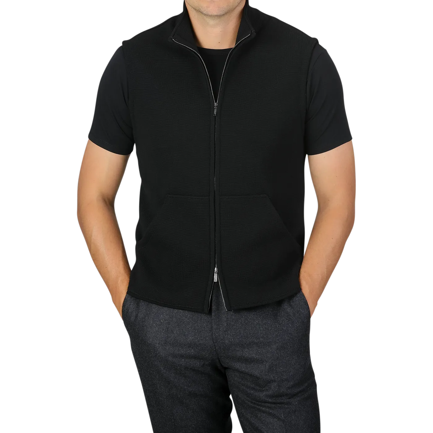 Black Milano Stitch Wool Zip Gilet