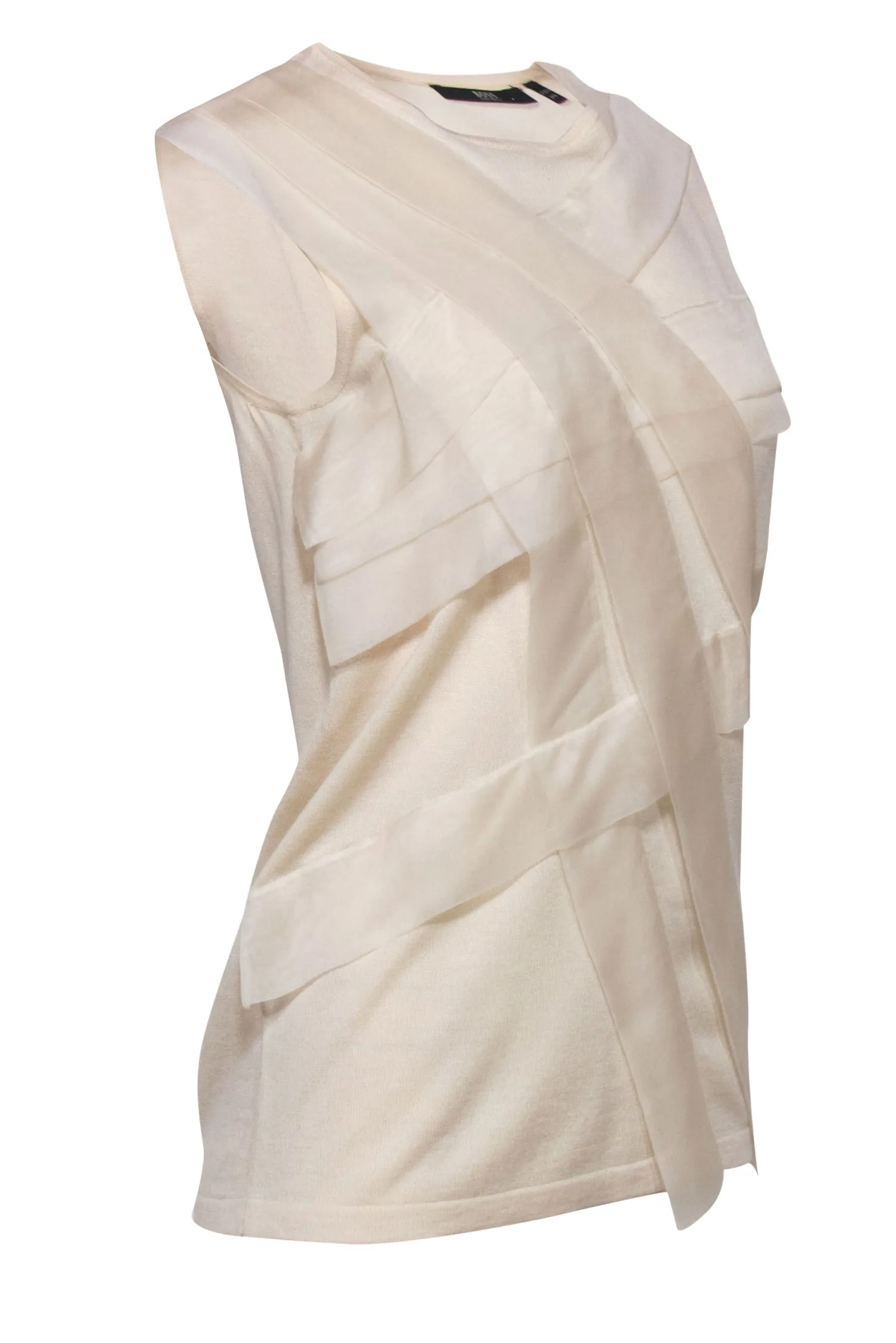 BOSS Hugo Boss - Cream Sleeveless Silk Blend Sweater w/ Organza Trim Sz S