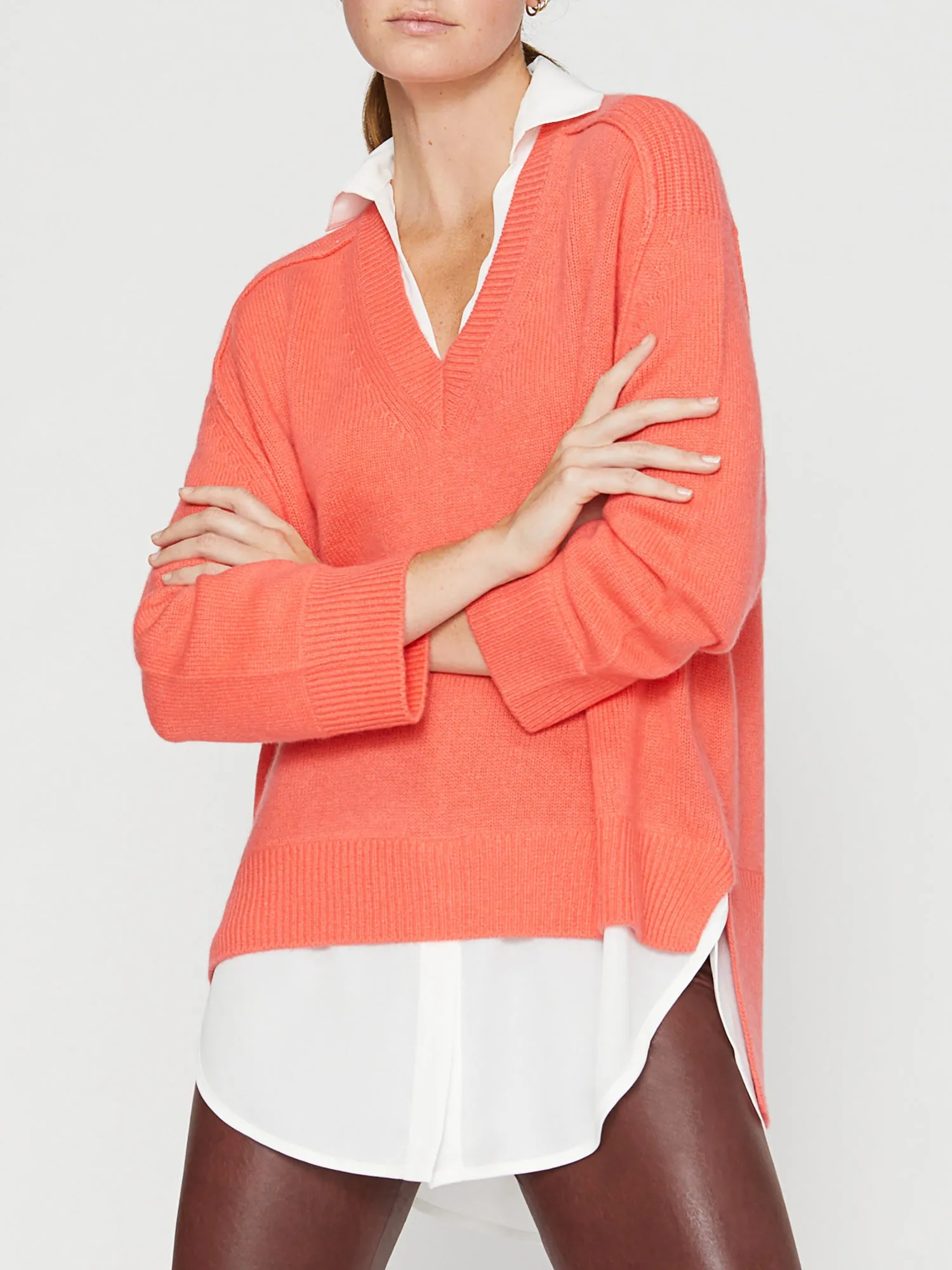 Brochu Walker - V-Neck Layered Pullover in Geranium w/ White