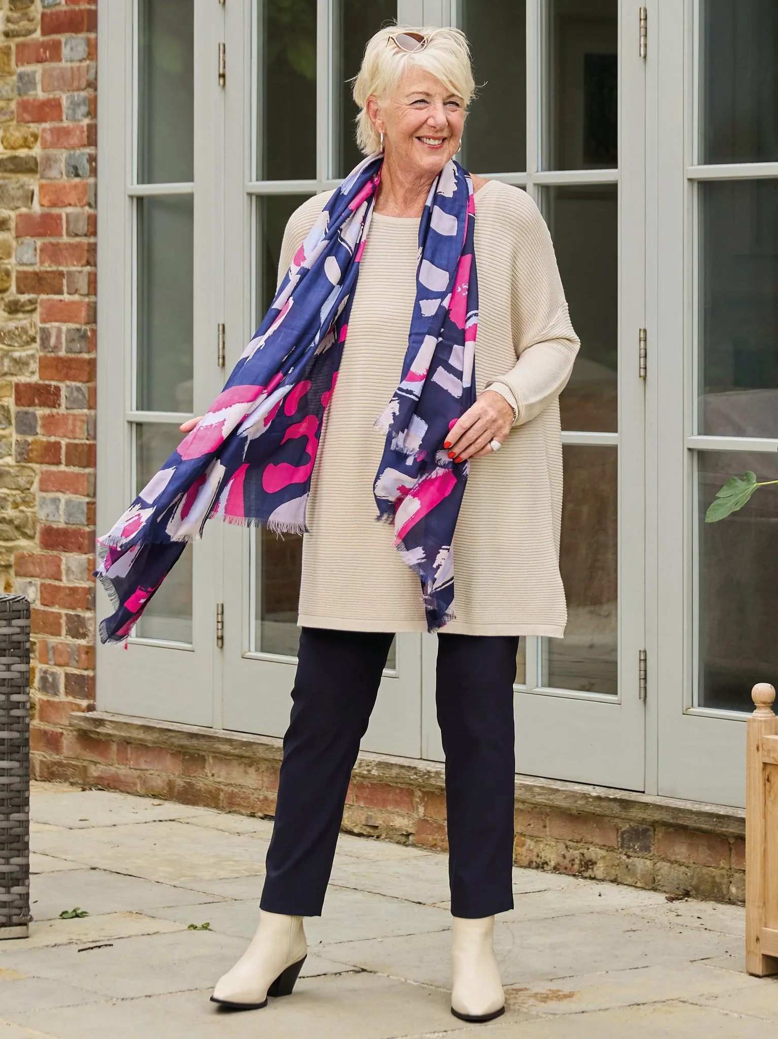 Brush Stroke Print Scarf - Navy/Fuchsia