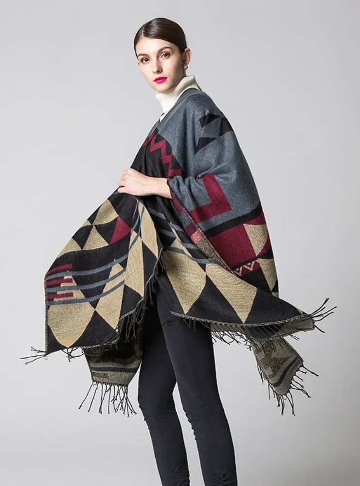 CASHMERE LIKE CAPE WITH SPLIT SHAWLS