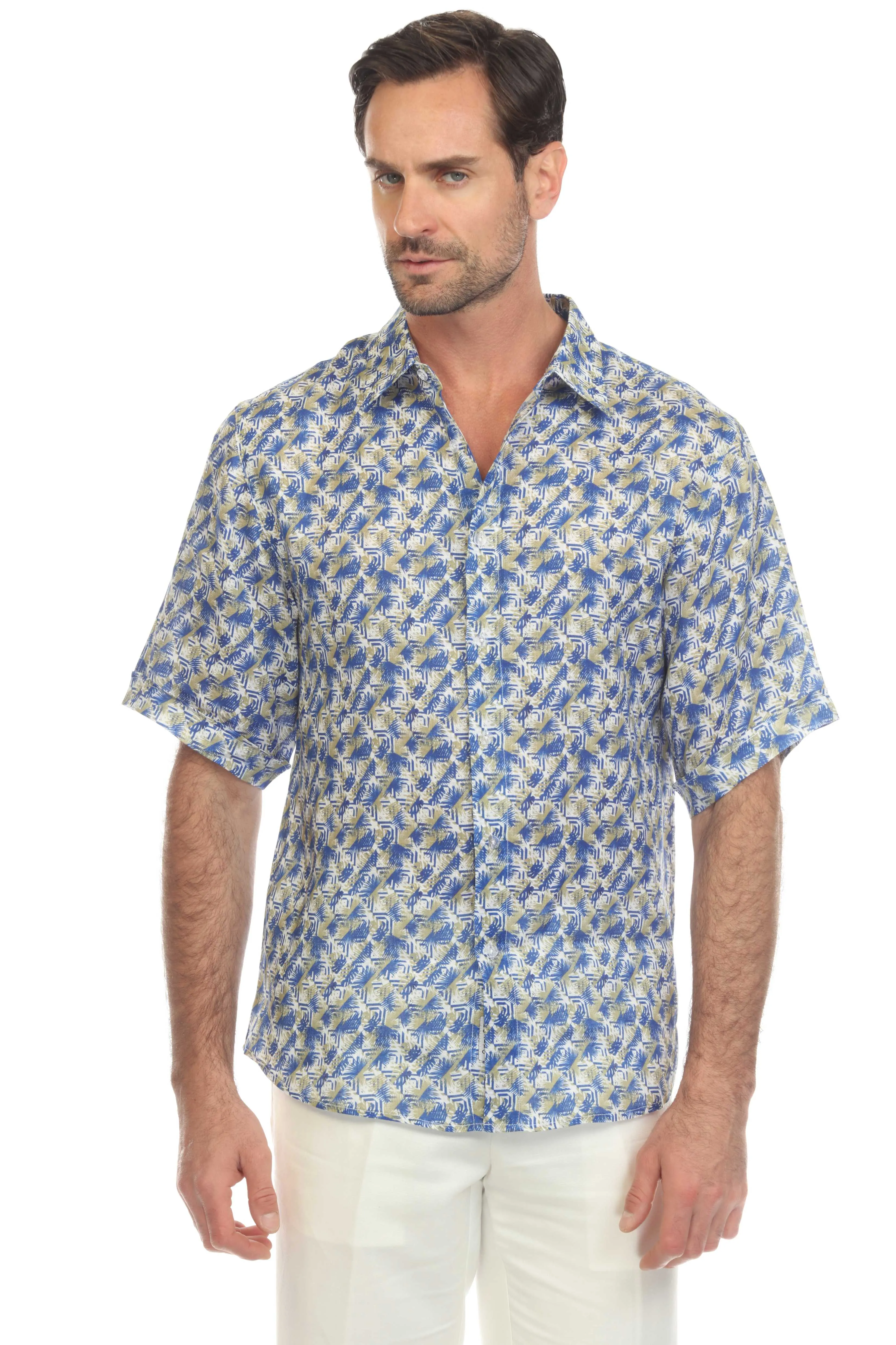 Casual Print 100% Linen Shirt Short Sleeve Button Down