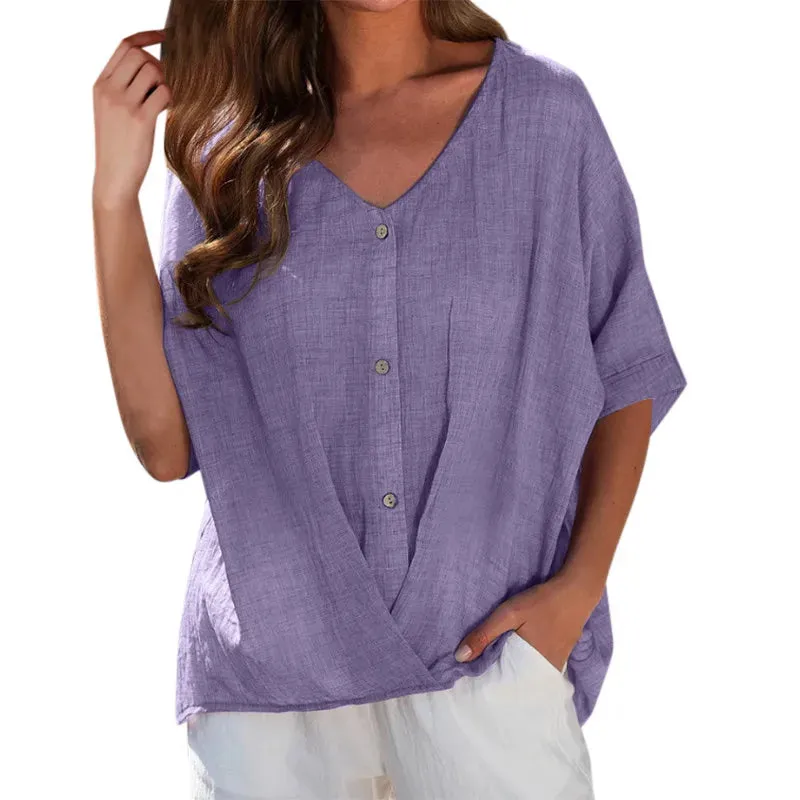 Casual Summer Cotton Linen V Neck Short Sleeve Women's Blouse