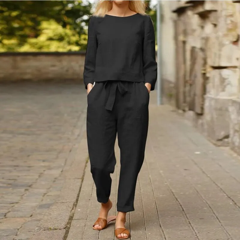 Casual Women Linen 2 Piece Set Solid Color Loose Comfortable Drawstring Long Sleeve Home Suits  Lounge Wear Tracksuit