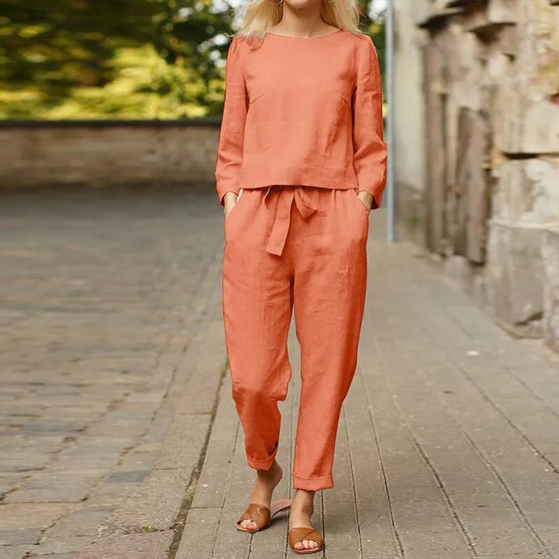 Casual Women Linen 2 Piece Set Solid Color Loose Comfortable Drawstring Long Sleeve Home Suits  Lounge Wear Tracksuit