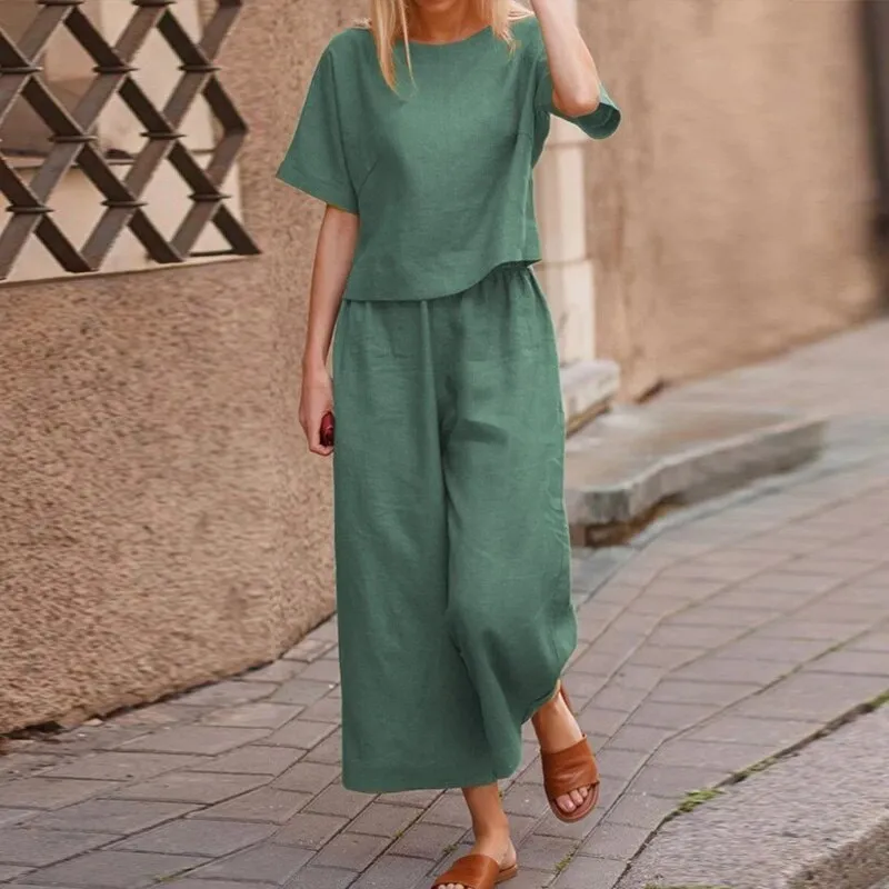 Casual Women Linen 2 Piece Set Solid Color Loose Comfortable Drawstring Long Sleeve Home Suits  Lounge Wear Tracksuit