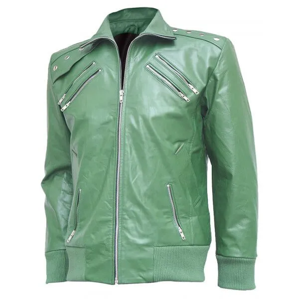 Charming Green Leather Bomber Jacket Men