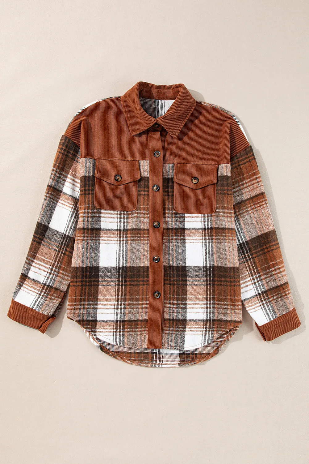 Cinnamon Plaid Corduroy Patchwork Chest Pocket Shacket