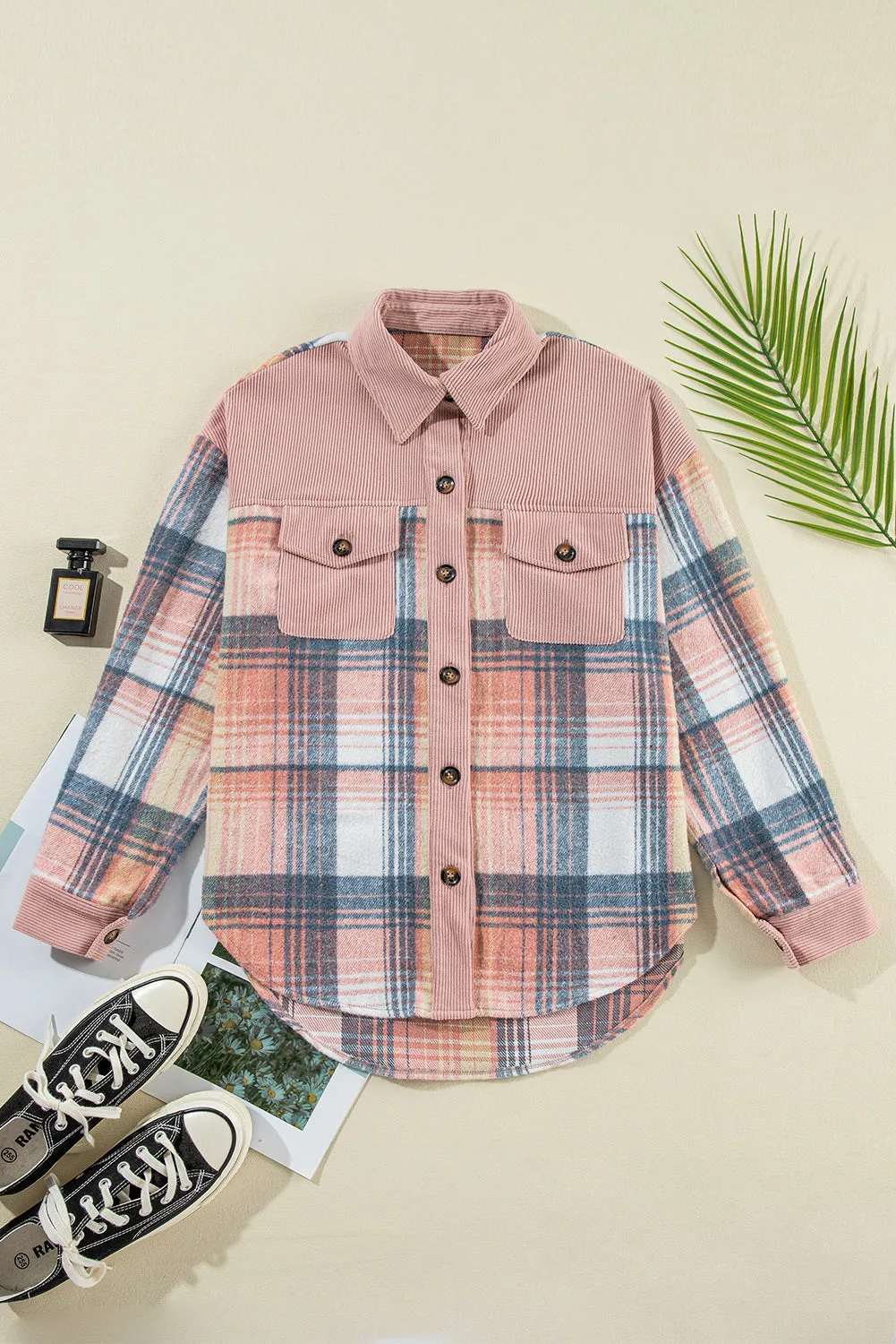 Cinnamon Plaid Corduroy Patchwork Chest Pocket Shacket