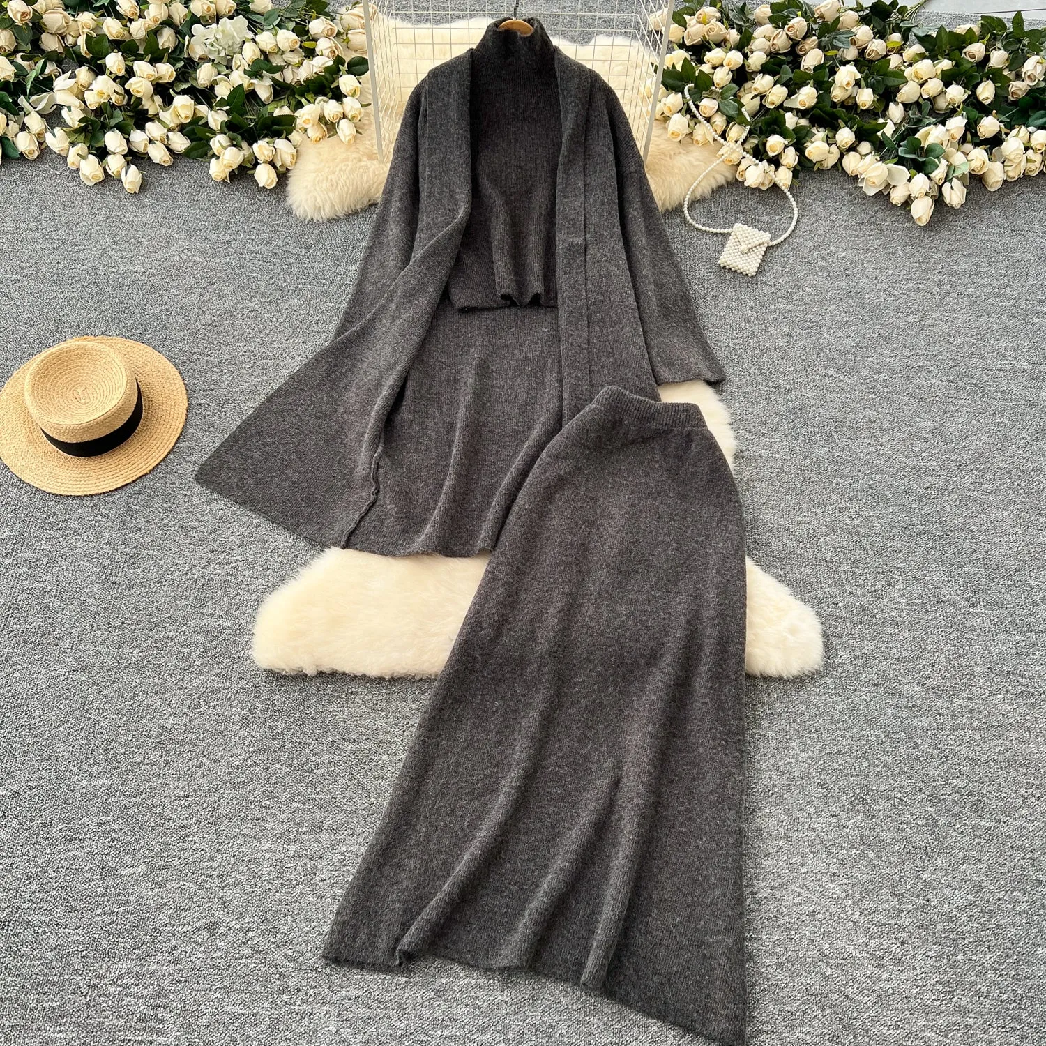 Coat&Vest&Skirt Delicate Knitted 3Pcs