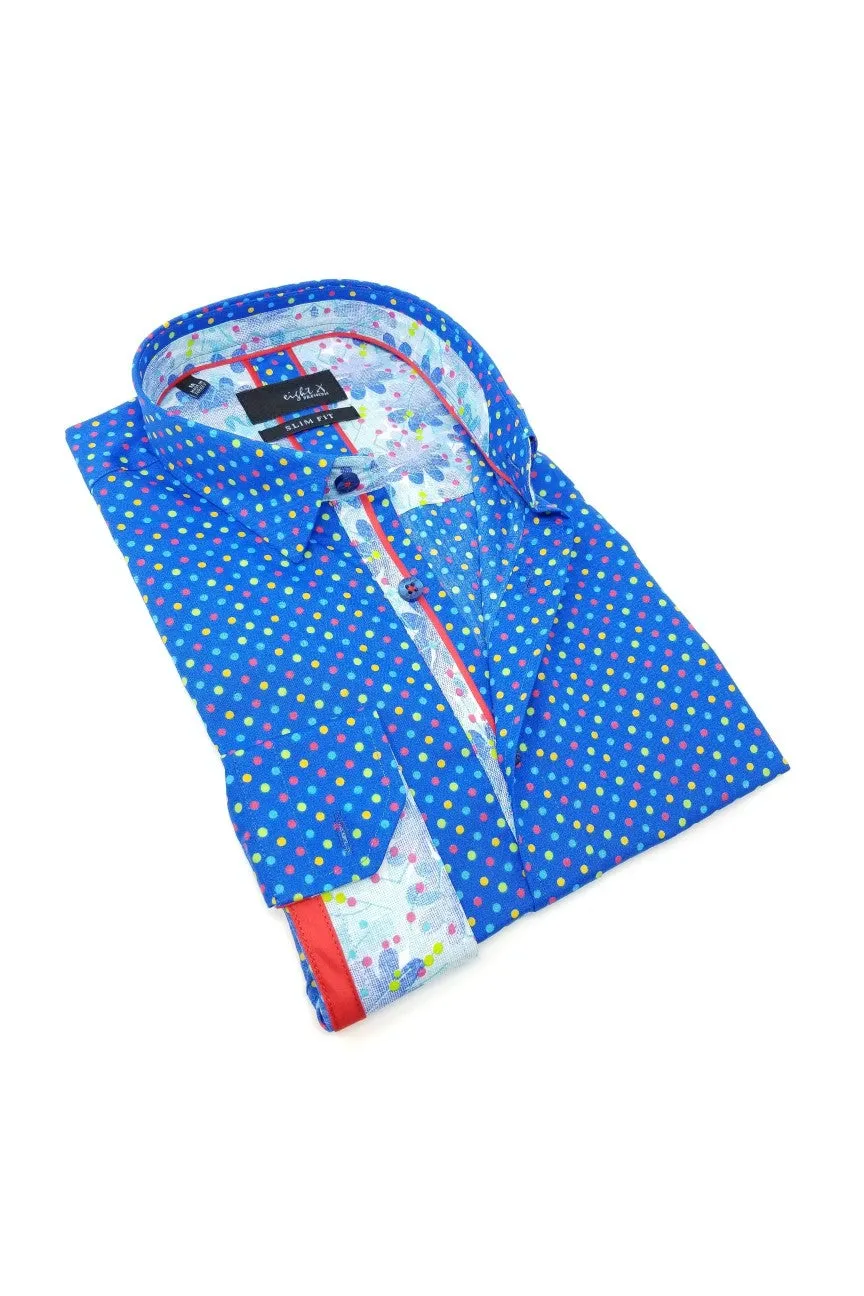 Colorful Blue Dots Button Down Print Shirt W/ Trim