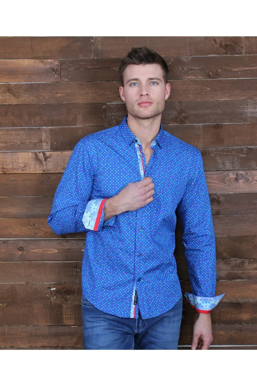 Colorful Blue Dots Button Down Print Shirt W/ Trim