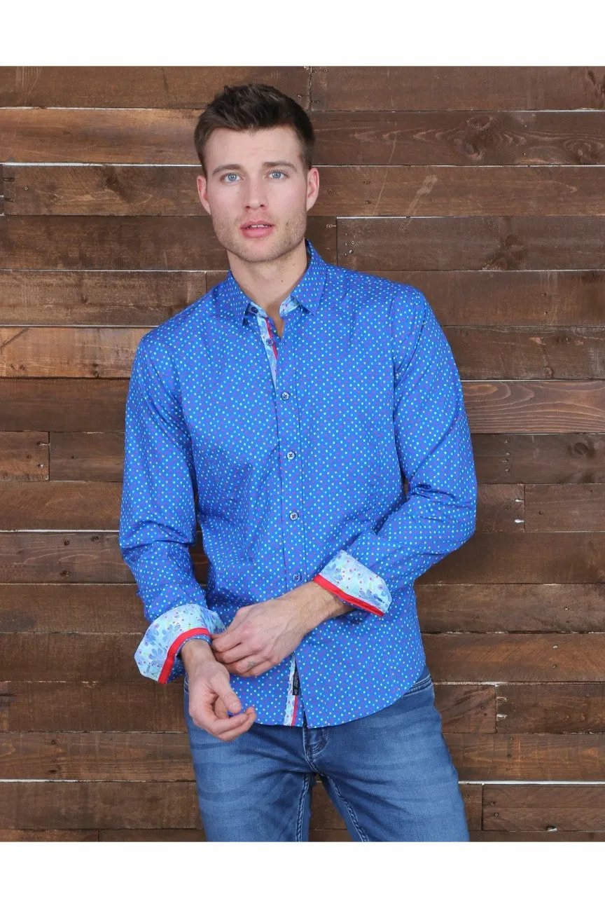 Colorful Blue Dots Button Down Print Shirt W/ Trim