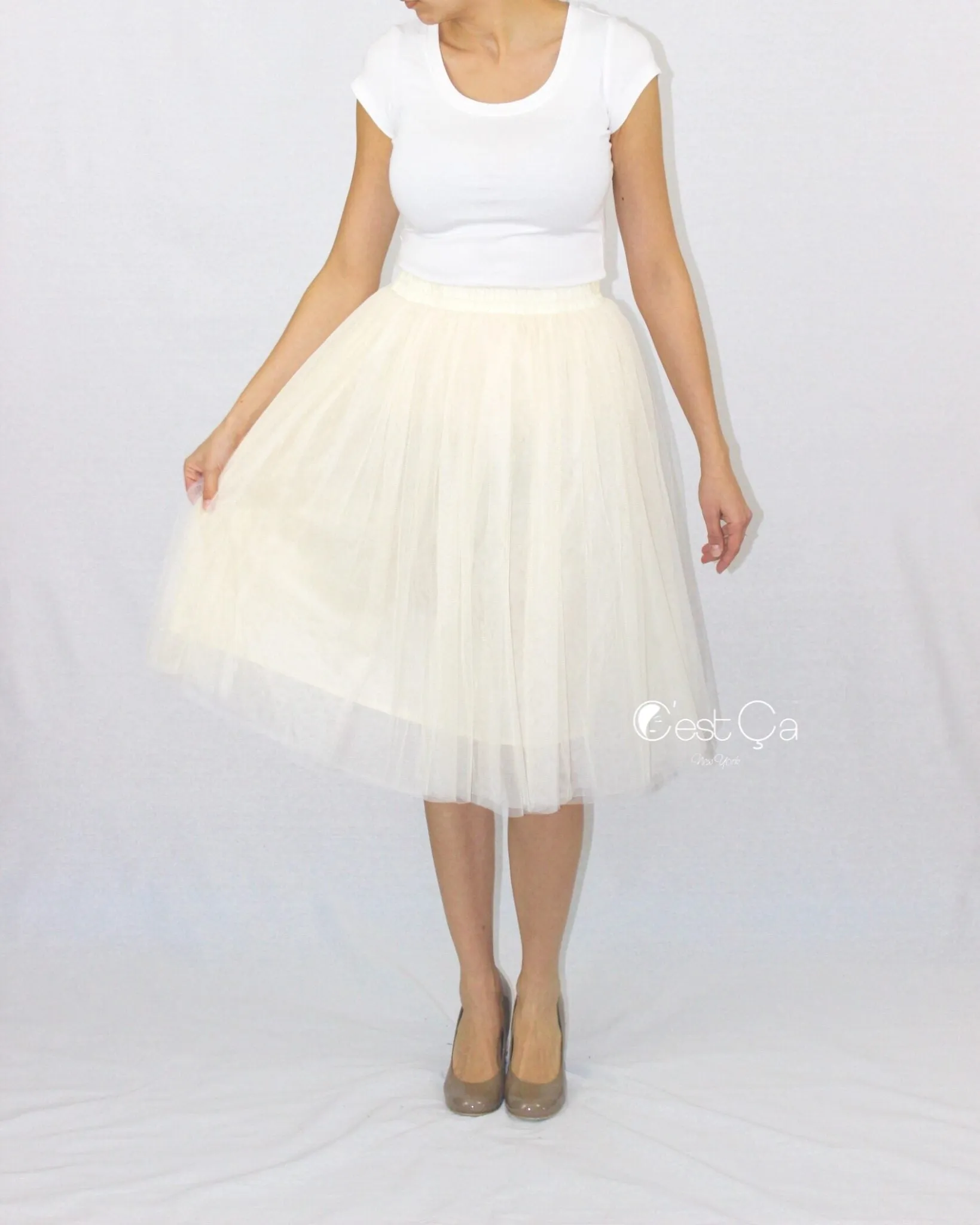 Corinne Champagne Soft Tulle Skirt - Midi