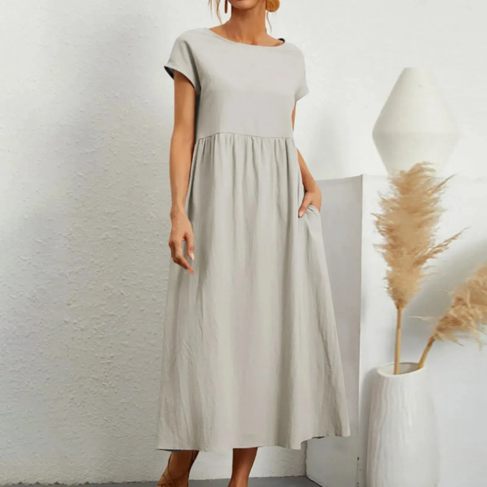 Cotton Linen Summer Vintage Elegant Short Sleeve O-Neck Pockets Harajuku Loose Y2K Midi Solid Dress