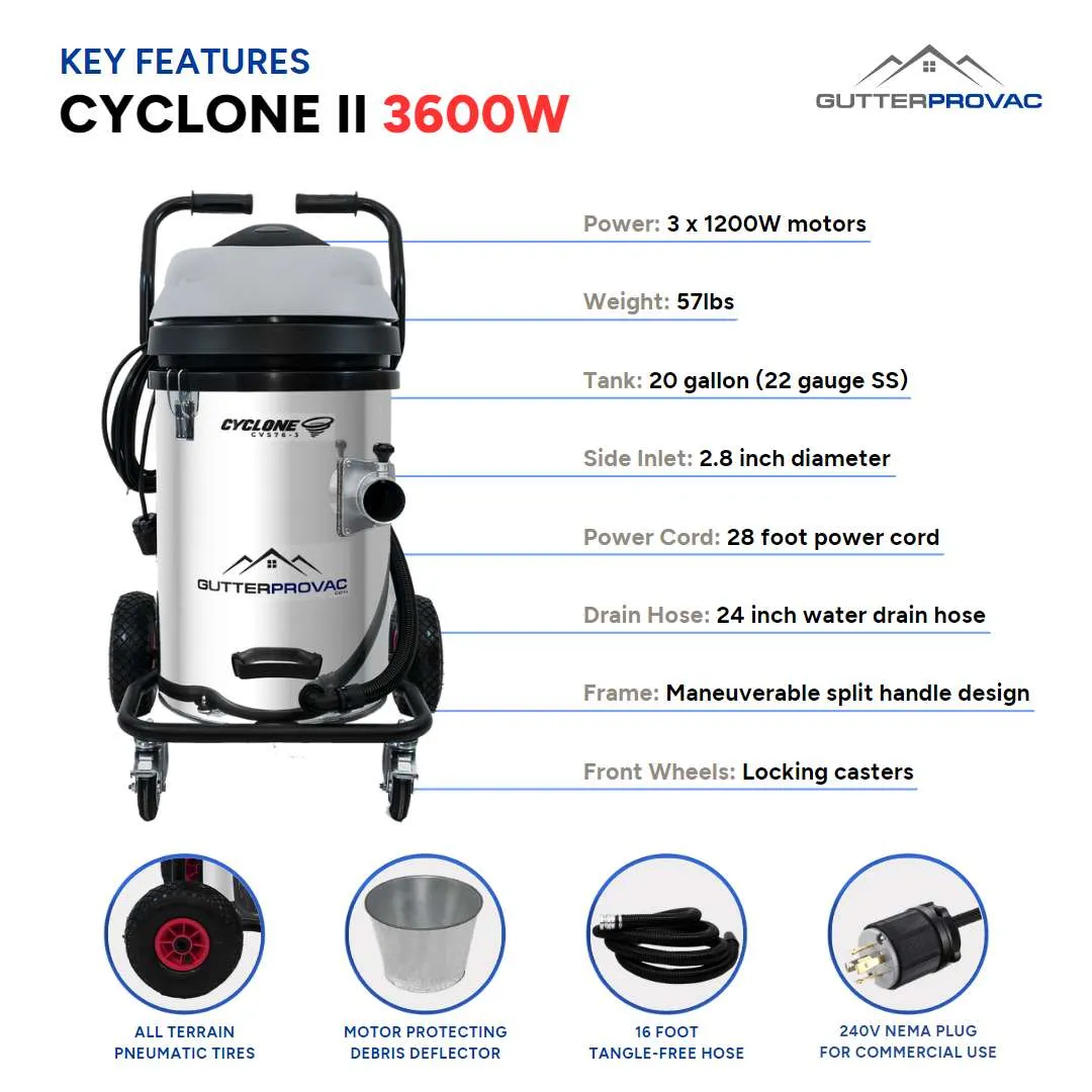 Cyclone II 3600W Stainless Steel 20 Gallon Gutter Vacuum with 40 Foot Carbon Fiber Clamping  Poles and Bag