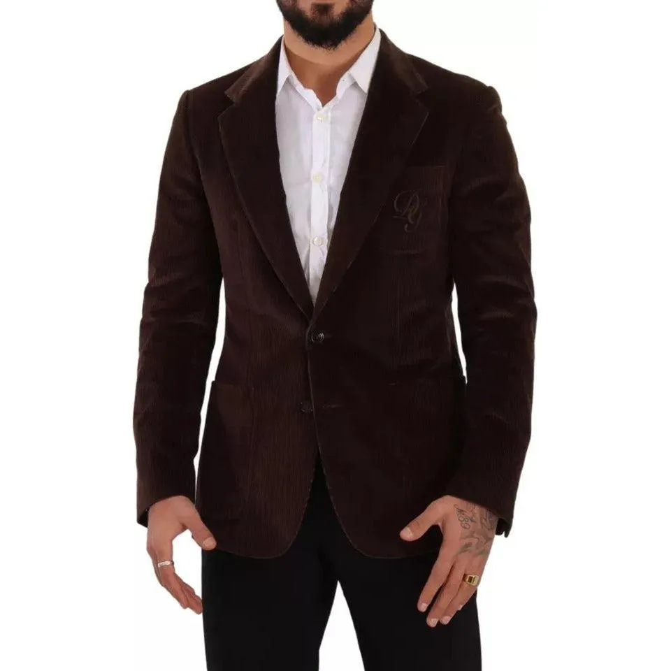 Dolce & Gabbana Brown Corduroy Slim Fit Coat DG Logo Blazer