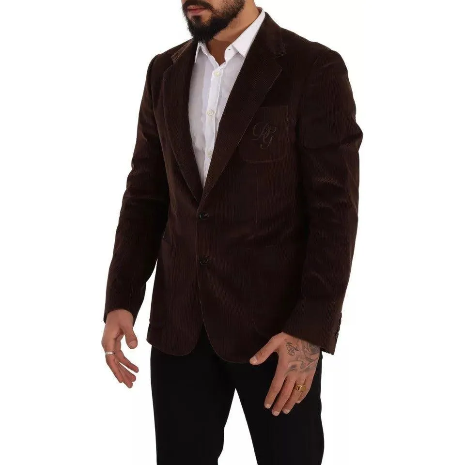 Dolce & Gabbana Brown Corduroy Slim Fit Coat DG Logo Blazer