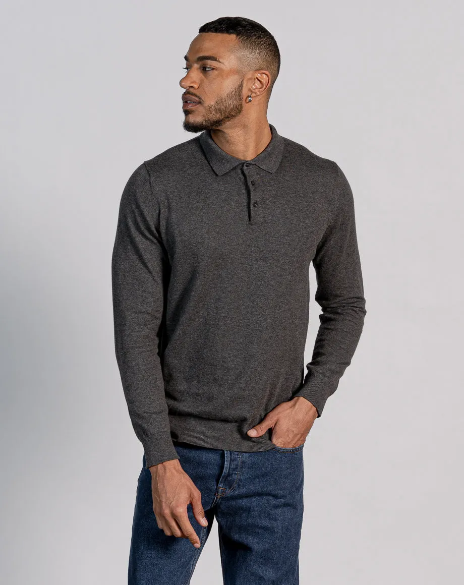 ESSENTIAL LONG SLEEVE BUTTON KNITTED POLO - CHARCOAL MARL