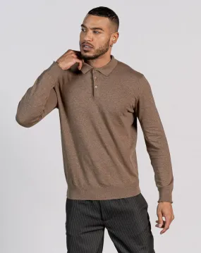 ESSENTIAL LONG SLEEVE KNITTED POLO TOP - BROWN