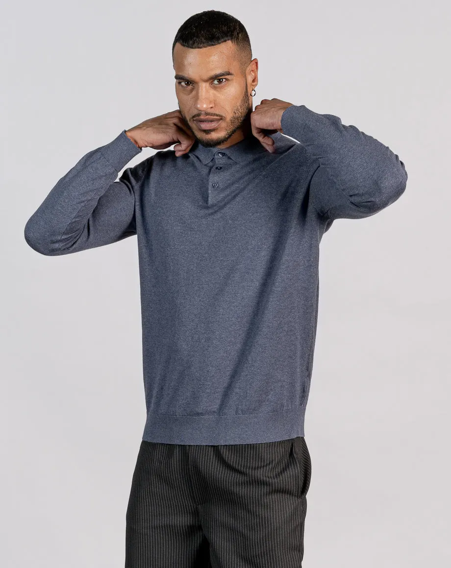 ESSENTIAL LONG SLEEVE KNITTED POLO TOP - MID BLUE