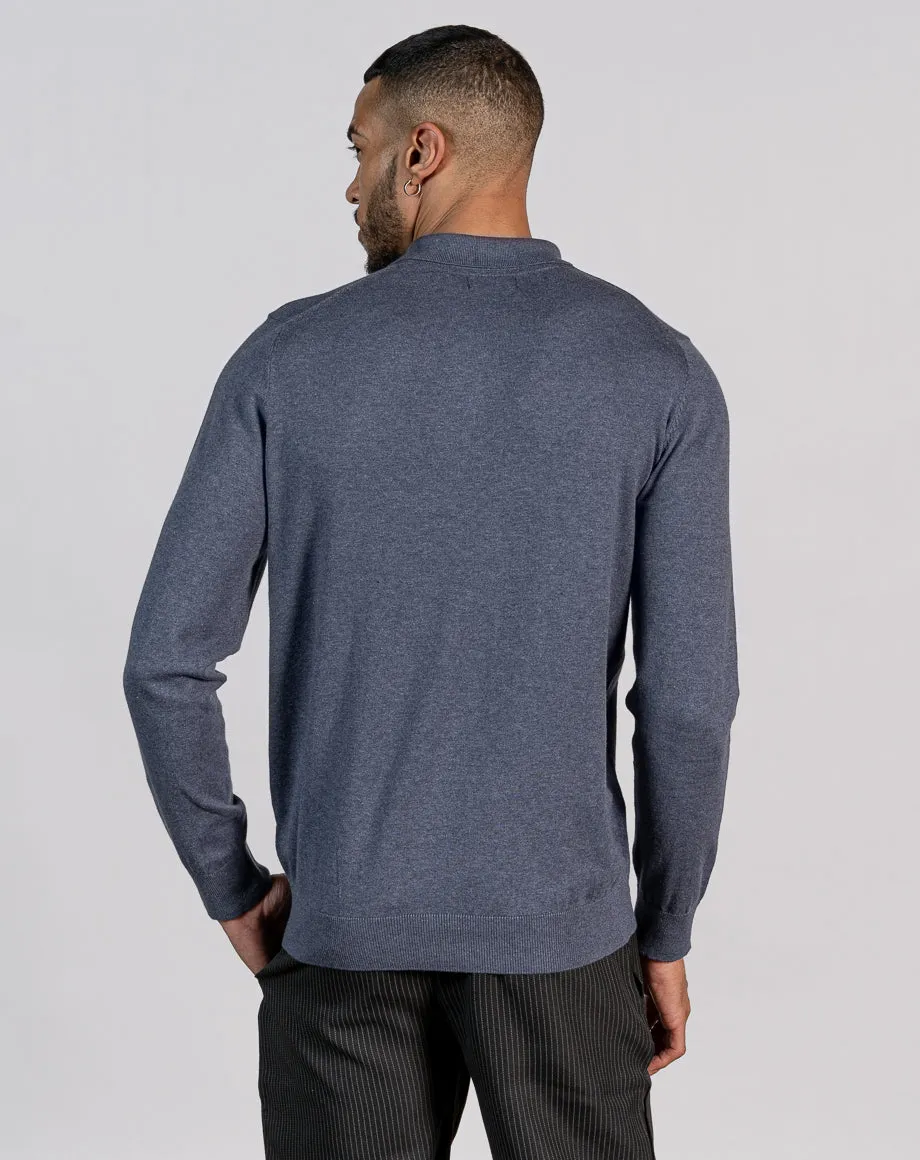 ESSENTIAL LONG SLEEVE KNITTED POLO TOP - MID BLUE