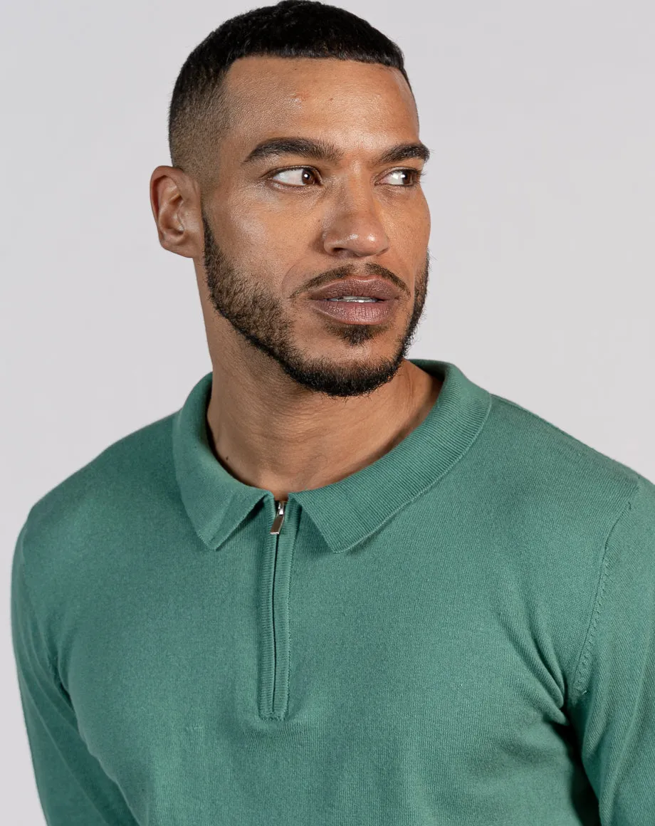 ESSENTIAL LONG SLEEVE ZIPPED POLO TOP - AQUA