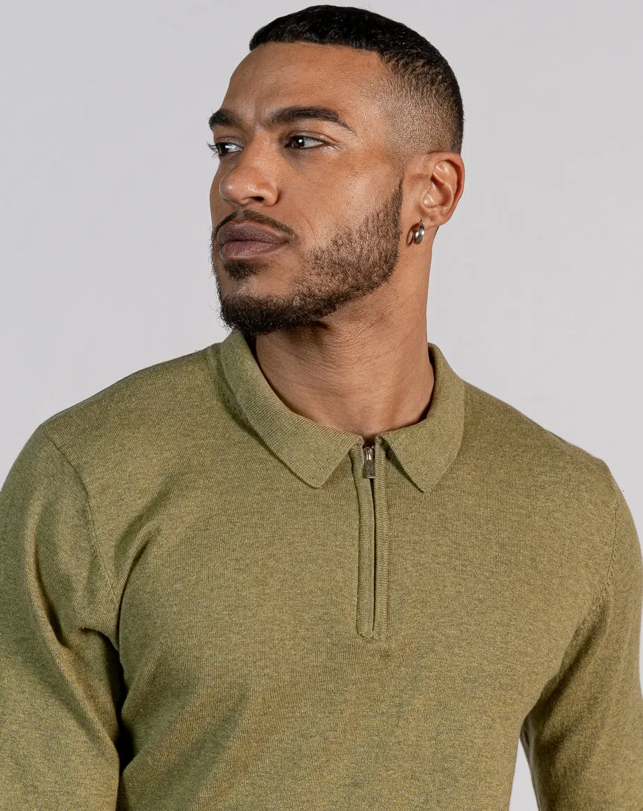 ESSENTIAL LONG SLEEVE ZIPPED POLO TOP - LIGHT KHAKI MARL